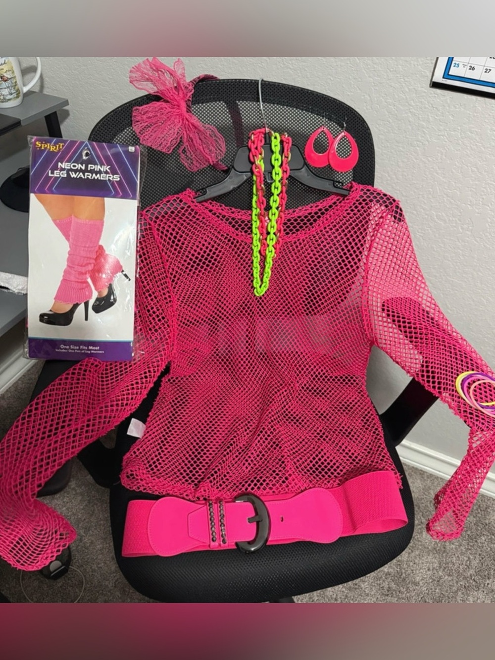 80s Neon Pink Costume Bundle 7pc -
Fishnet Top, Belt, Leg Warmers + Accessories